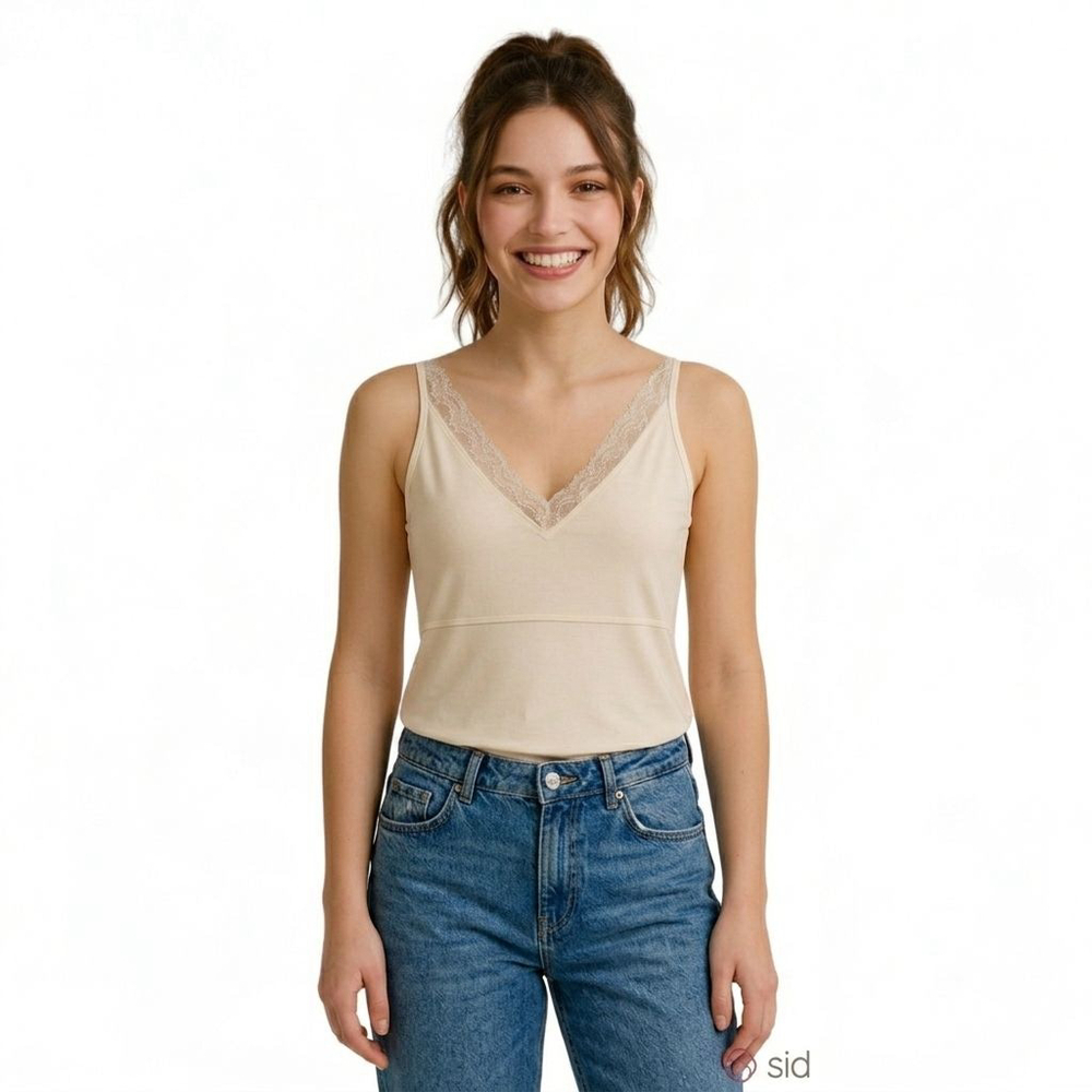 Spanx Hide Sleek V-Neck Ivory Lace Trim Tank Top Shapewear Cami - Large